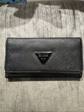 Guess Black Trifold Logo Wallet with Silver Triangle Emblem